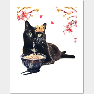 Design of an adorable black cat Noodles Eating Cat Posters and Art